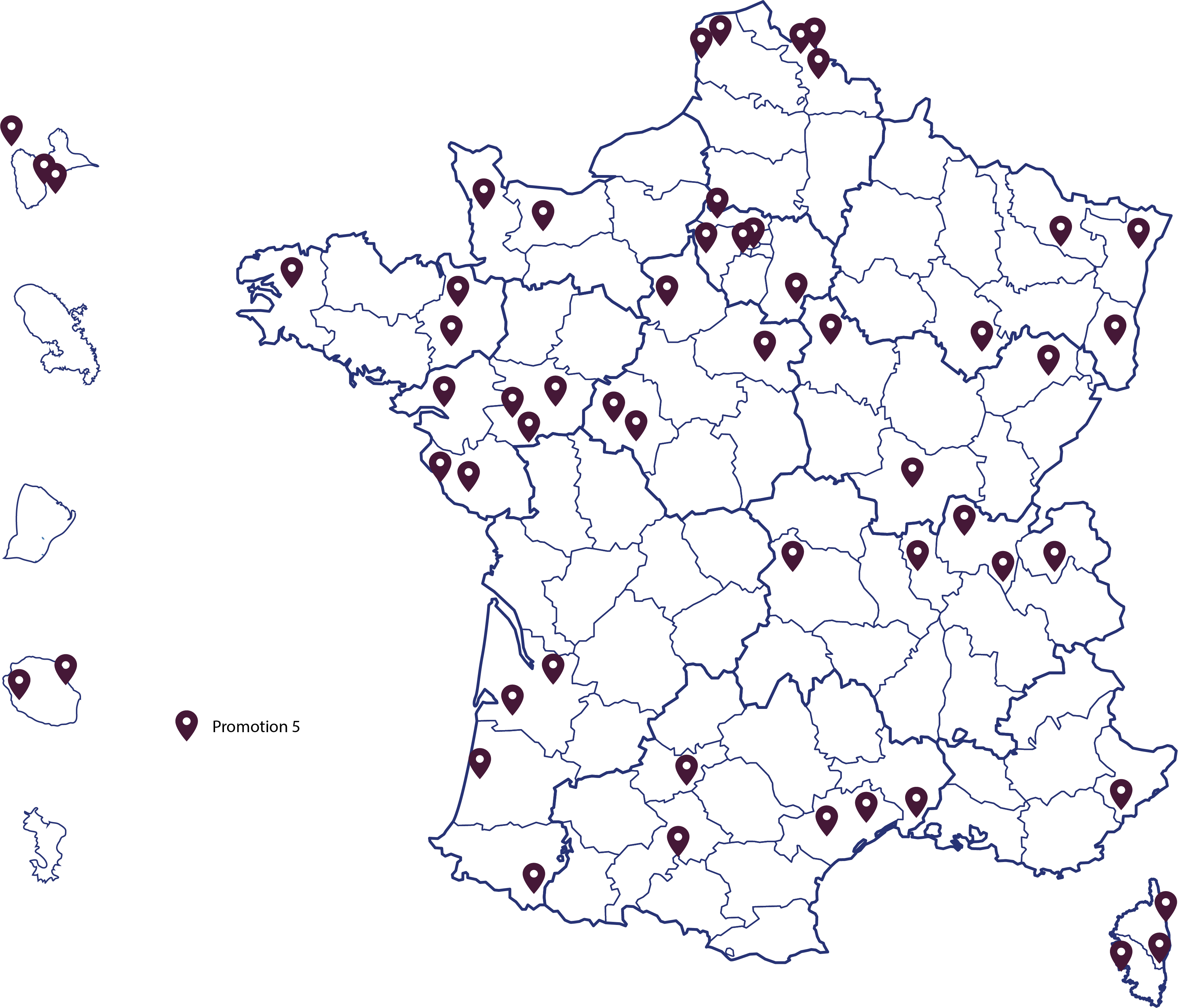 Répartition géographique des ETIncelles de la cinquième promotion (transcription ci-dessous)
