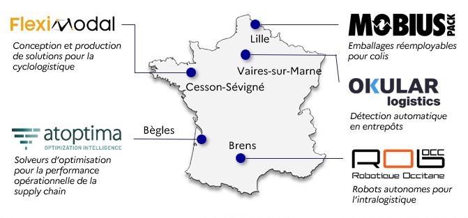 Carte de France indiquant la localisation et les domaines d’activité des cinq lauréats du programme LogTech 2025