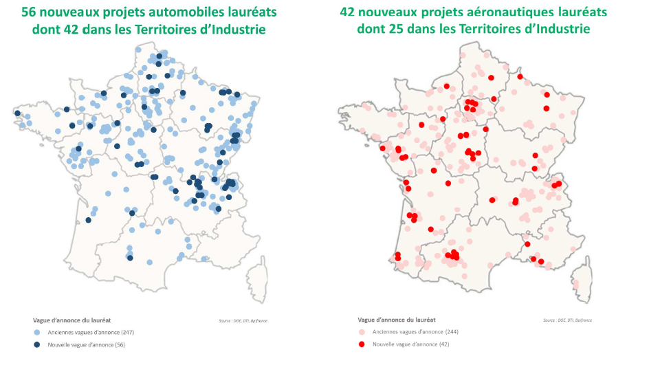 Cartographies issues du dossier de presse "France Relance : Lauréats des fonds de modernisation automobile et aéronautique"