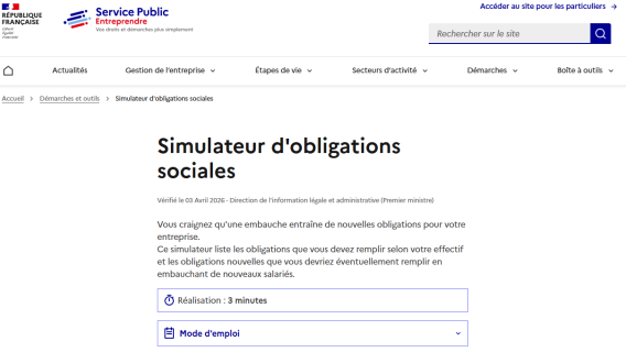 Capture d'écran montrant le simulateur sur le site entreprendre.service-public.gouv.fr