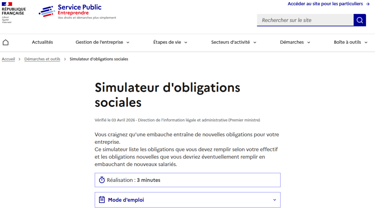 Capture d'écran montrant le simulateur sur le site entreprendre.service-public.gouv.fr