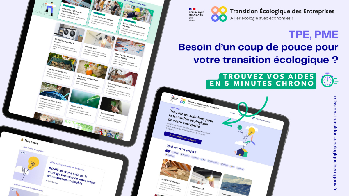 visuel d'illustration de la plateforme transition écologique des entreprises : tpe, pme, besoin d'un coup de pouce pour votre transition écologique ? trouvez vos aides en 5 minutes chrono