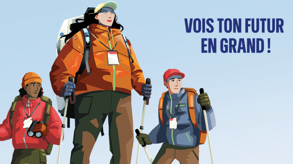 visuel représentant des guides de montagne et texte "vois ton futur en grand !"